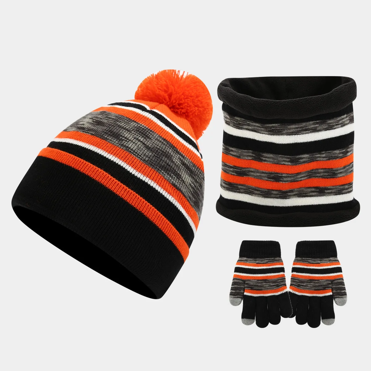 

3pcs set children winter hat snood gloves striped knitting fleece-lined duble layers plush kids winter beanies scarf sets 3-8Y