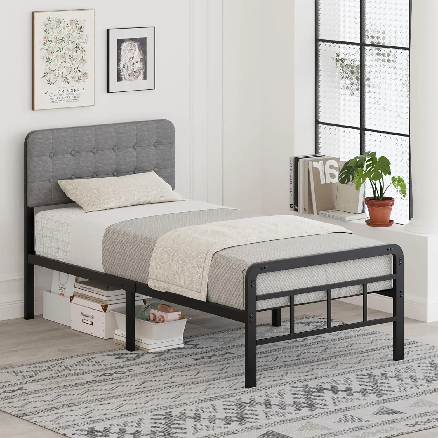 

Twin Bed Frames With Upholstered Headboard And Metal Footboard 14 H, Twin Platform Bed Frame With Strong Metal Slats Support,