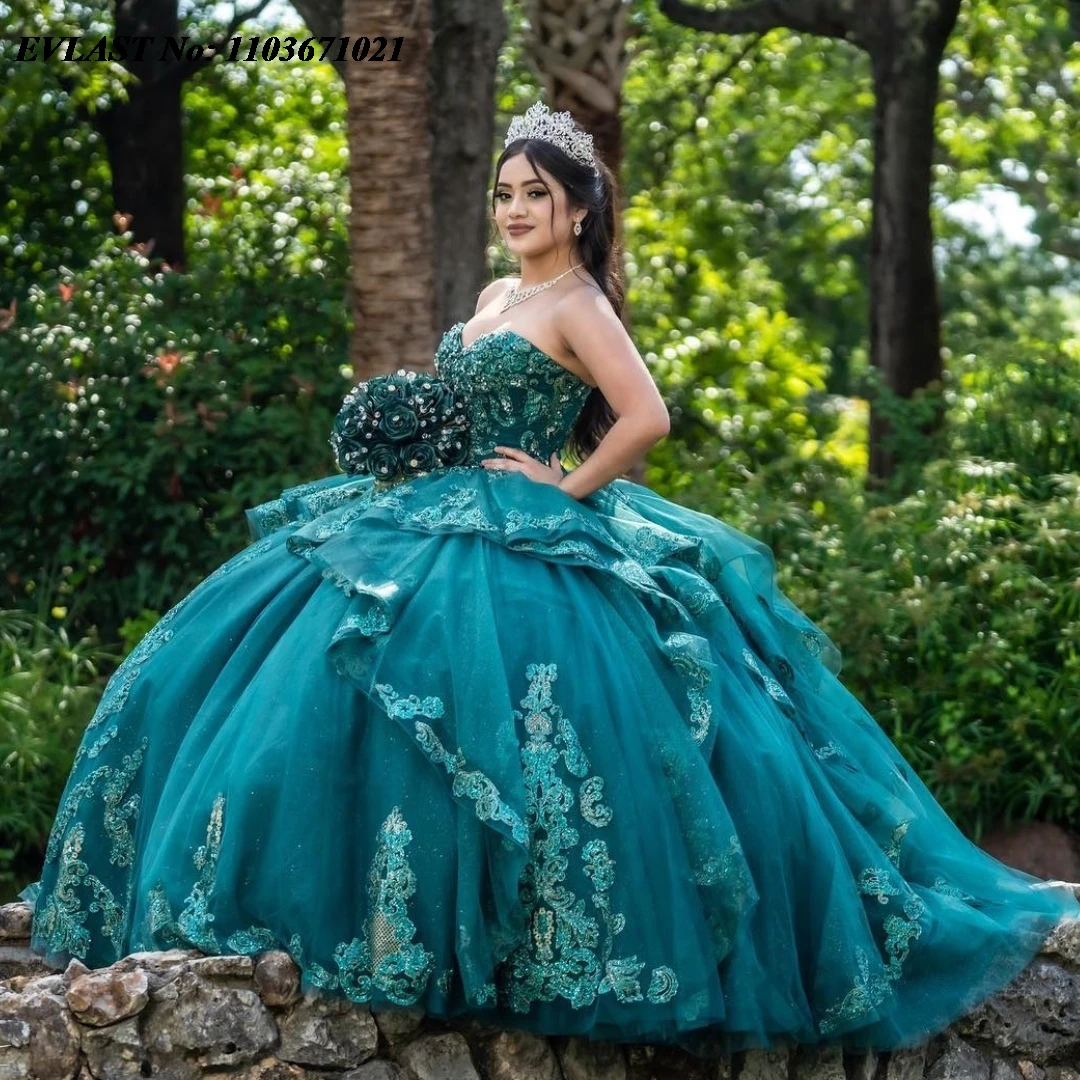 EVLAST темно-зеленое платье Quinceanera по индивидуальному заказу, бальное платье с аппликацией из бисера, многоуровневый корсет с оборками, сладкий 16, Vestidos De Anos SQ369