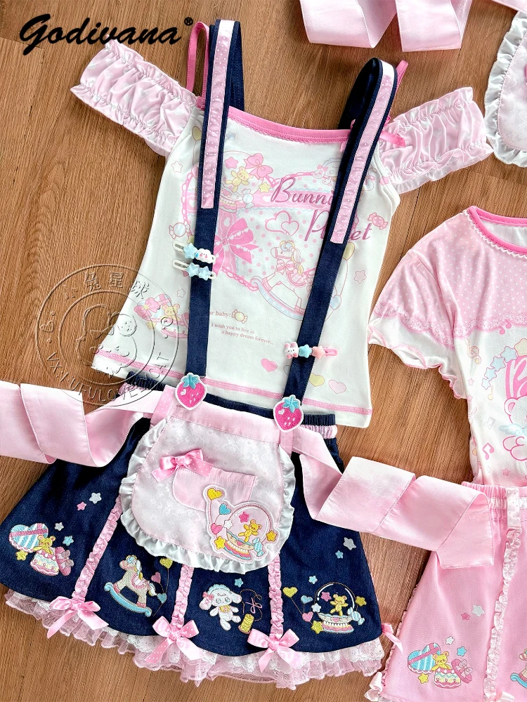 Vestiti per ragazze Lolita T-shirt a maniche corte senza spalline stampata carina Gonna con cinturino dolce Grembiule Set mini abito con bretelle da donna