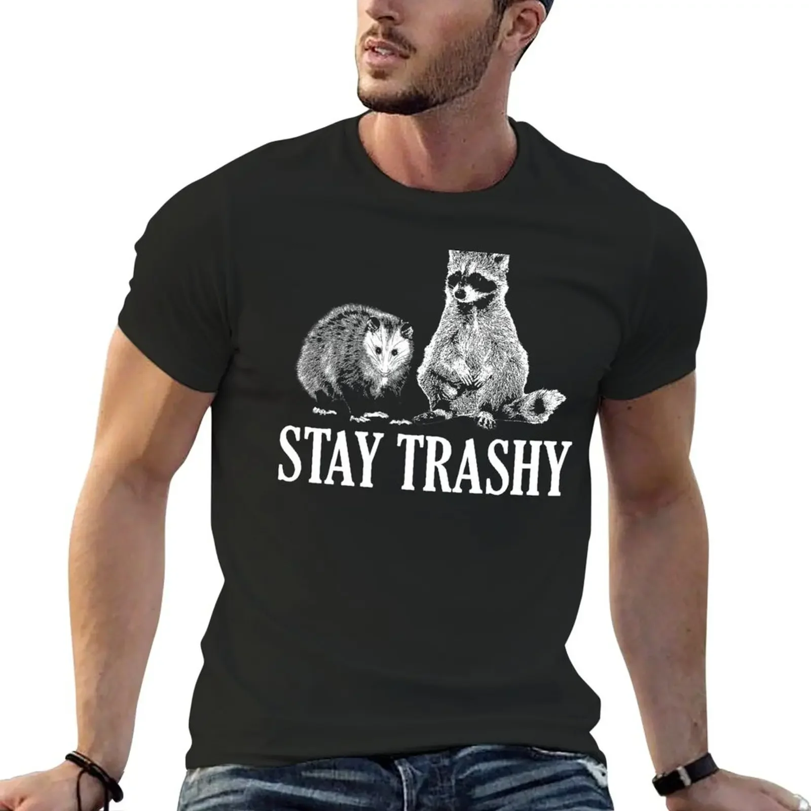 Stay Trashy Possum Raccoon T-Shirt boys animal print Funny t-shirts Man t-shirt tshirts for men