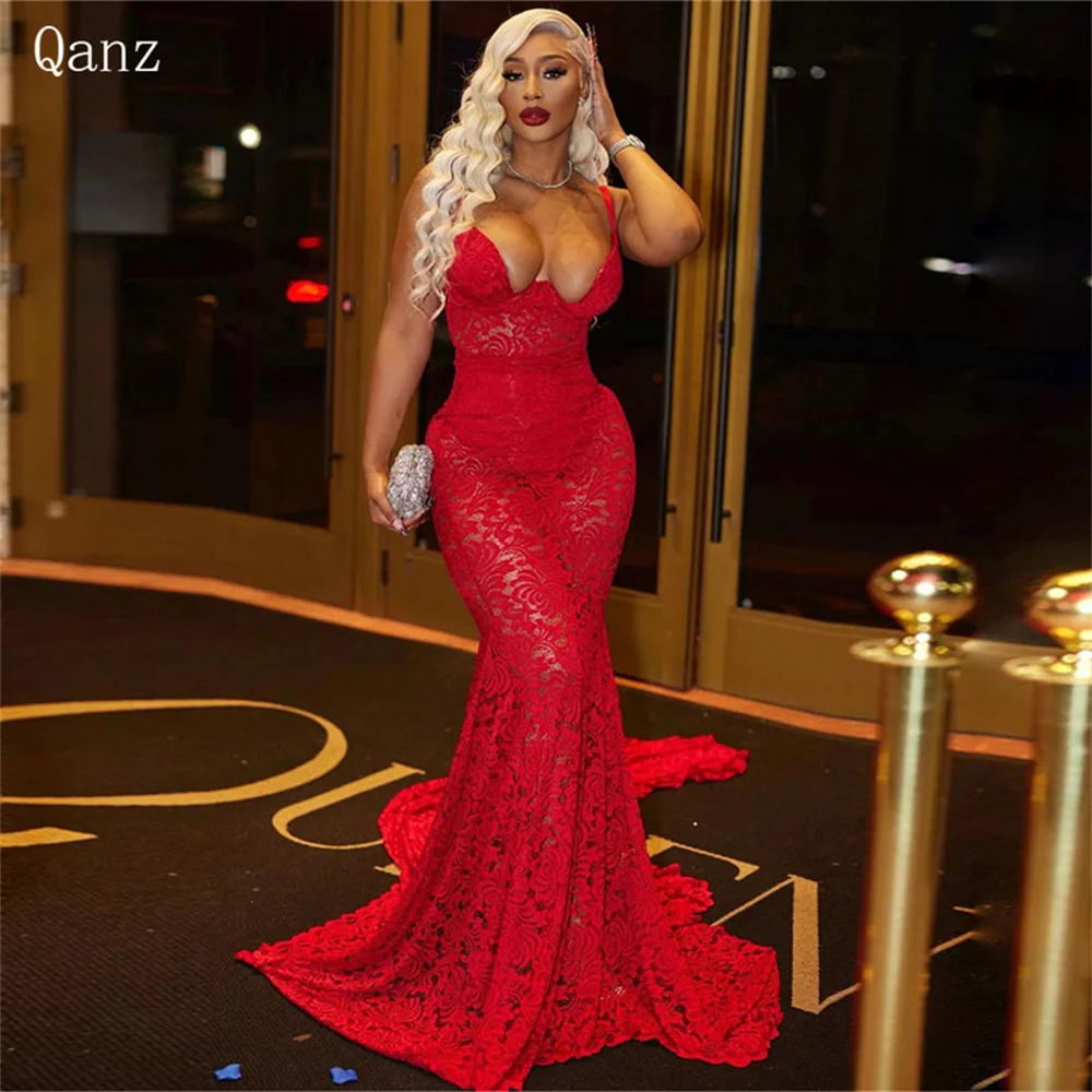 Qanz Gorgeous Mermaid Evening Gowns Women's Spaghetti Straps Sweetheart Party Prom Dress Lace Saudi Arabia Special Occasion Gown