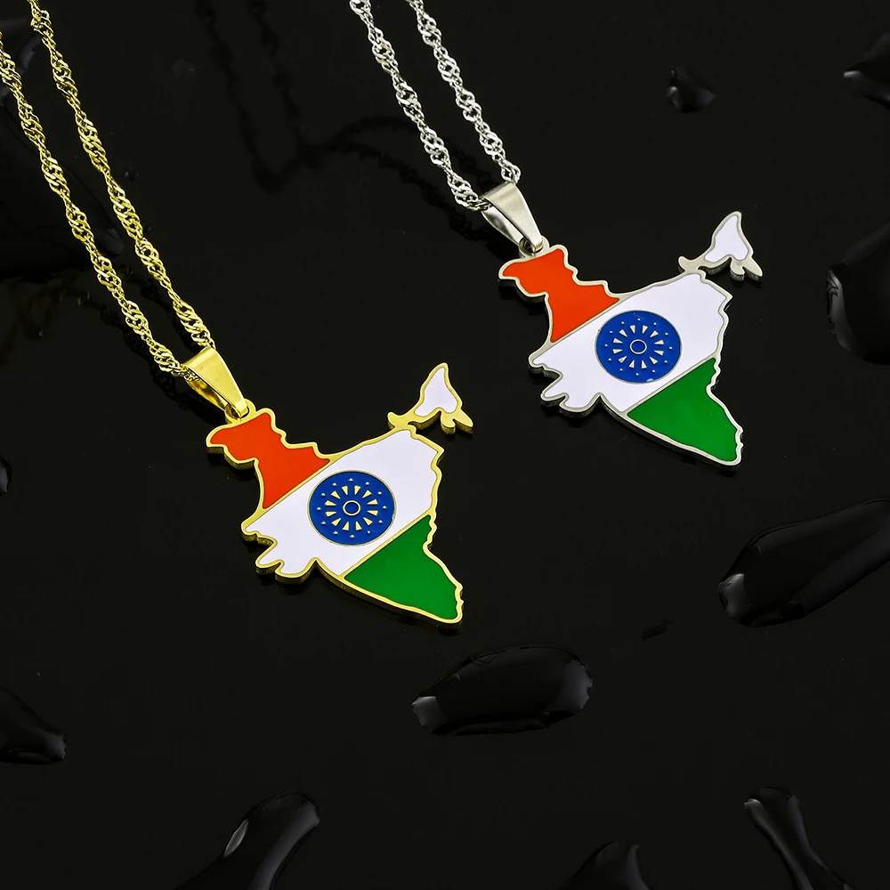 Fashion India Map Flag Pendant Necklace Stainless Steel Gold Siover Color Men Women Ethnic Maps Jewelry Gift