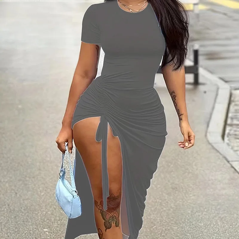 เสื้อผ้าไหมพรมทรงเข้ารูป คอวี แต่งระบายพลีท ผ่าข้าง ดีไซน์ไม่สมมาตร สำหรับผู้หญิง เอวสูง ผ้าโพลีเอสเตอร์