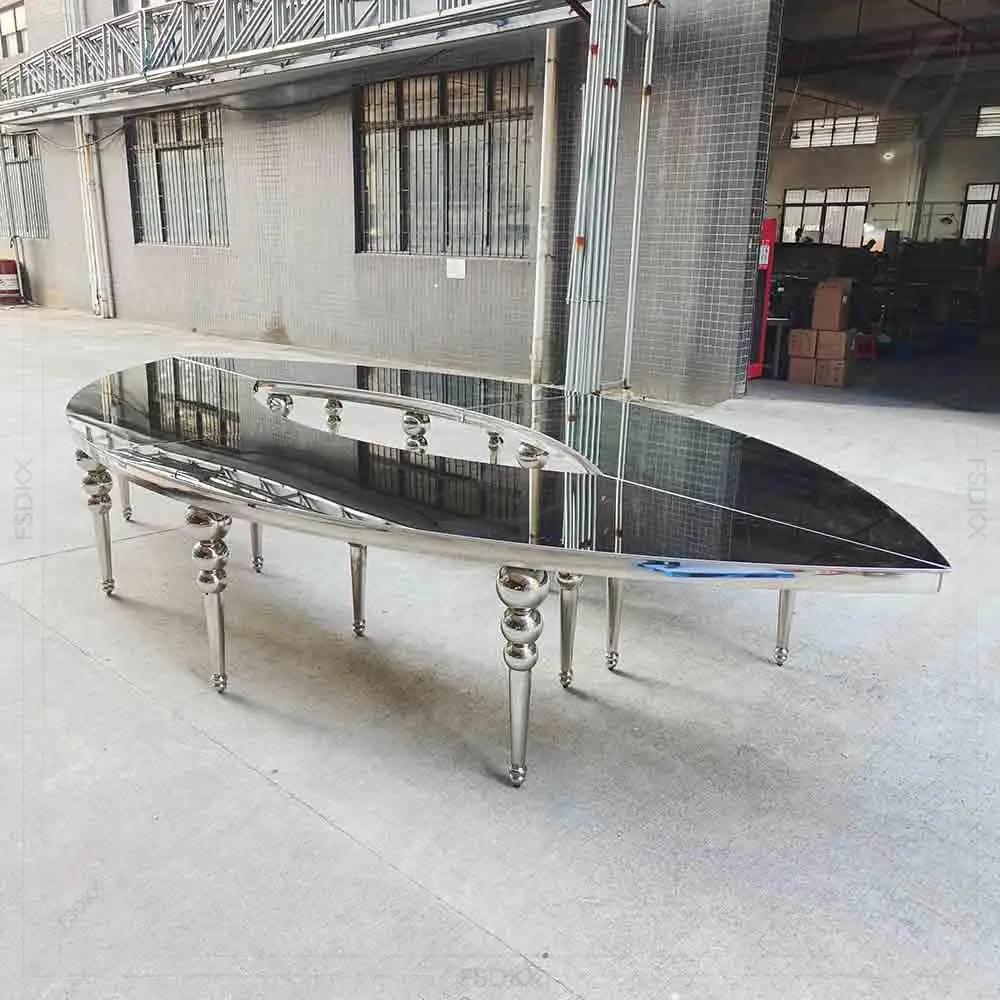 Luxury Stainless Steel Oval Banquet Party Table Glass Serpentine Wedding Table for Event