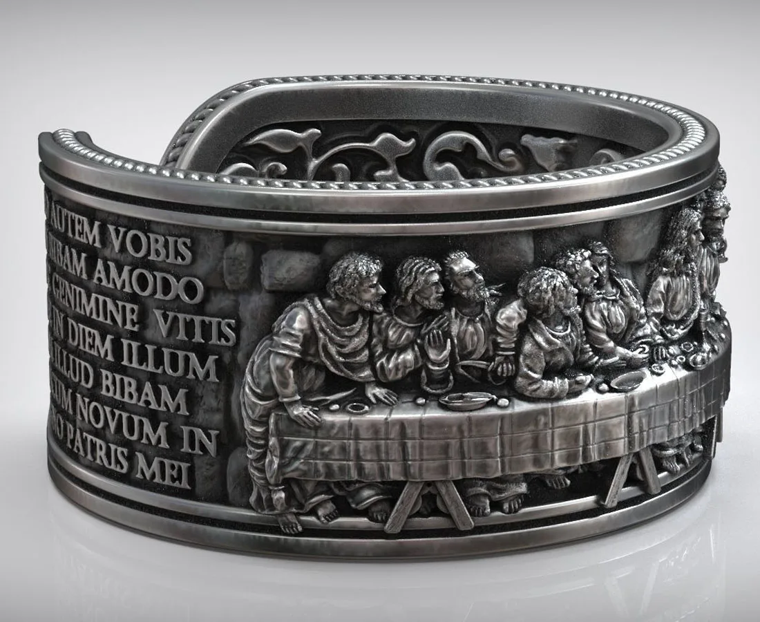 13g Leonardo the last supper jesus Cuff Rings Relief Real Customized 925 Solid Sterling Silver Rings Many Sizes 6.5-13.5