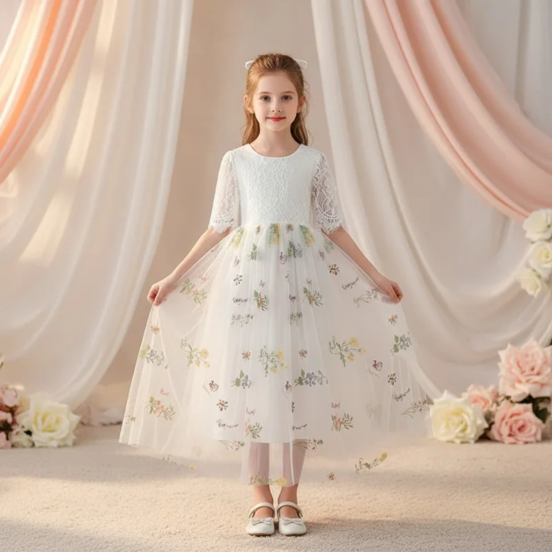Girls Lace Embroidered Flower Princess Dress Summer Sweet Elegant Long Tulle Dress Kids Formal Party Gown Fashion Outfit