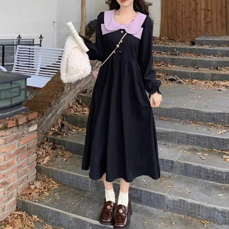 Patchwork Bowknot Doll Collar Long Sleeve Long Skirt Elegant Fashion Harajuku Female Clothes Loose Casual Sweat All Match Skirt