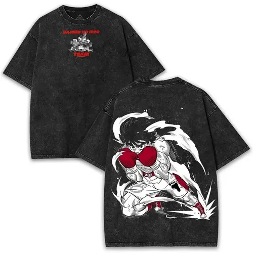 Imagen 1 del producto Camiseta lavada Vintage de Anime Ippo Makunouchi, ropa de calle de moda Retro lavada para parejas Unisex de gran tamaño, ropa de calle clásica suave de algodón a la moda