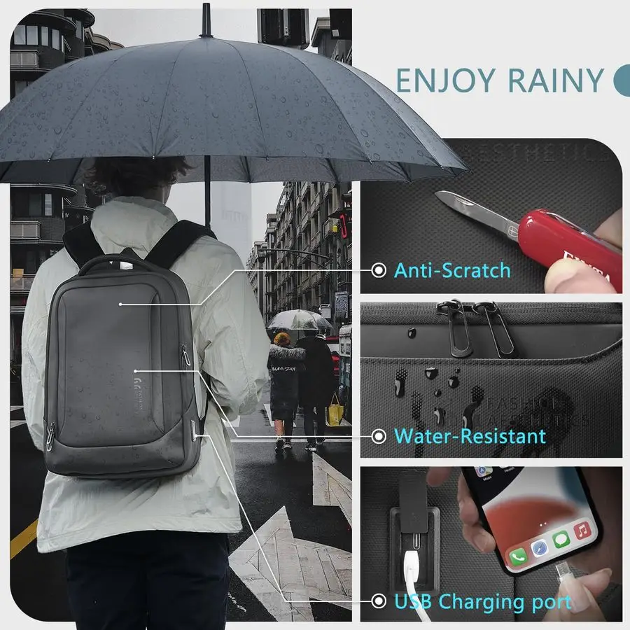 남성용 노트북 백팩 USB 충전 포트 포함 방수 15.6인치 컴퓨터 가방 내구성 높은 하이테크 데이팩 캐주얼 백팩