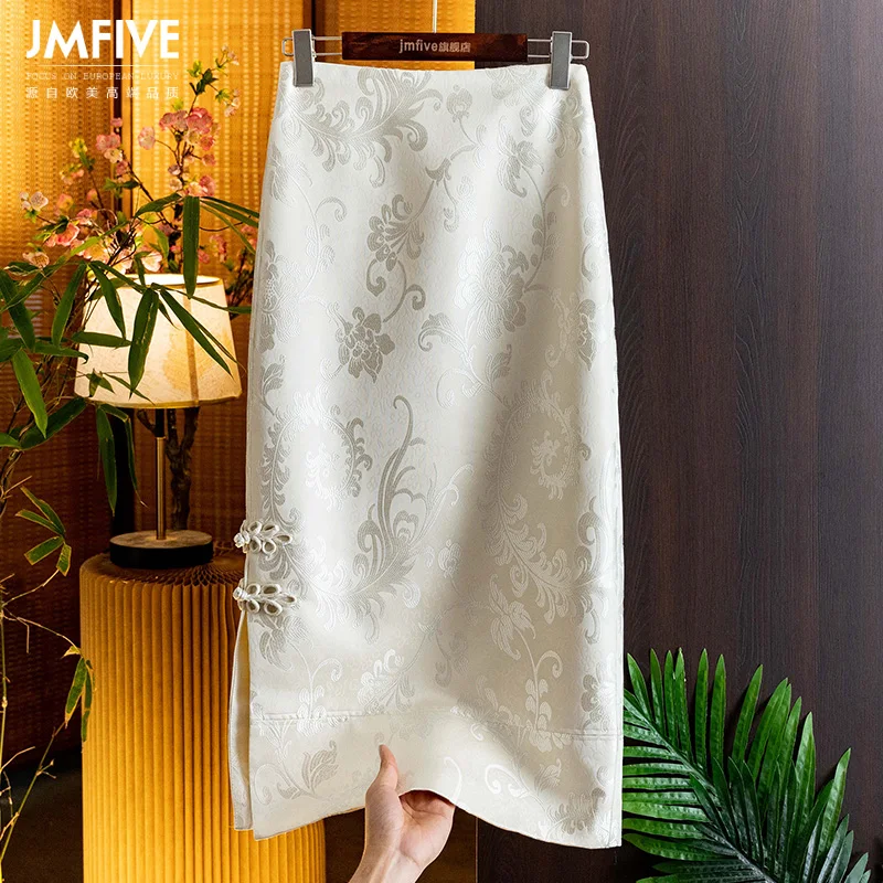Vintage High-Waisted Chinese Style Bodycon Skirt for Women 2026 Autumn New Jacquard Button Slimming Slit Skirt for Women