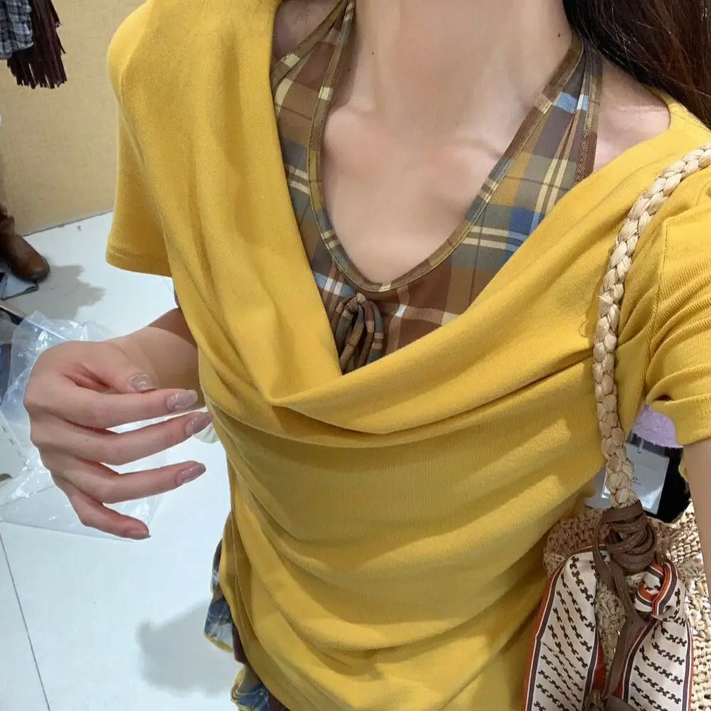 Plaid Patchwork Fake Two-piece Short-sleeved T-shirt for Women Summer Fashion Versatile Beautiful Waist-cinching Blouse Top