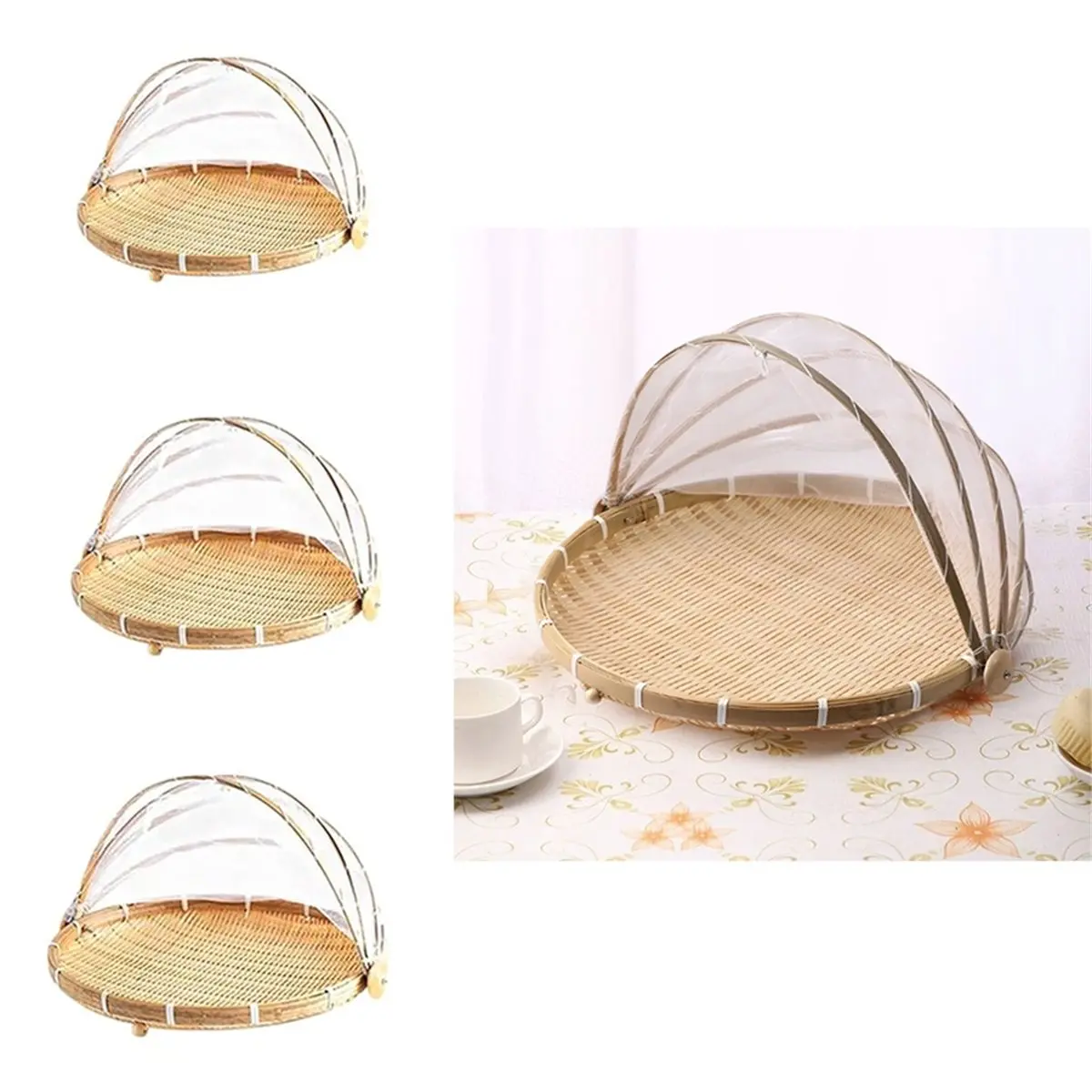 Anti-Insect Dustproof Basket Anti-Mosquito Hand-Woven Tent Basket Fruit Vegetable Tray Mesh Drying Dustpan Food 3pcs