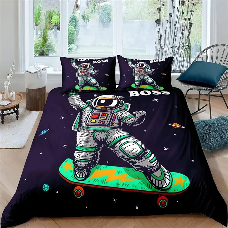 Child Cartoon Astronaut Duvet Cover Guitar Bedding Teen Boys Kid Galaxy Stars Out Space Pattern Rock Music Theme Navy Blue Decor