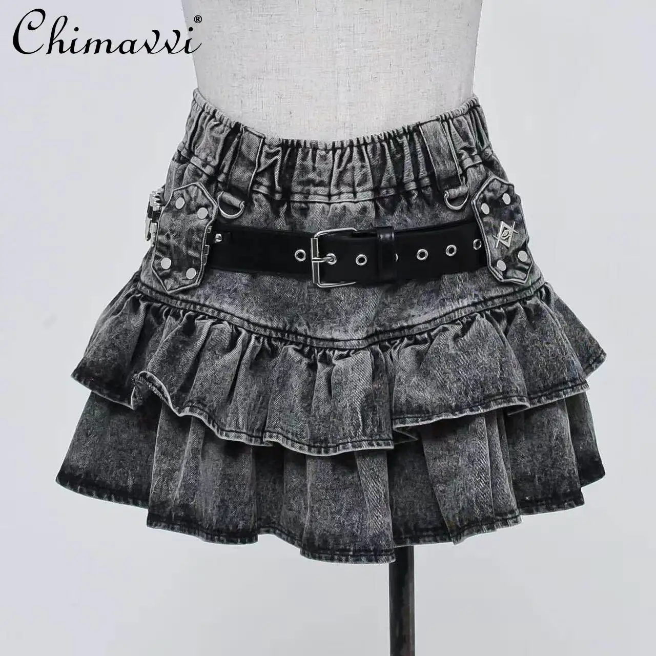 

New 2026 Japanese Subculture Cake Layer Skirt Punk Dark Cool Girl Belt Leather Skirt Elegant Ladies Y2k Short Denim Skirts