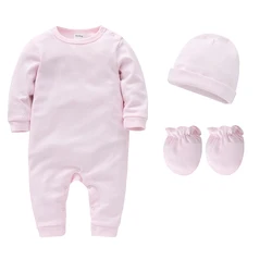 Mussola Plain 4 pezzi Set di abbigliamento per bambini pagliaccetto per neonate con guanti per cappello tuta per bambini rosa vuota per Set regalo neonato