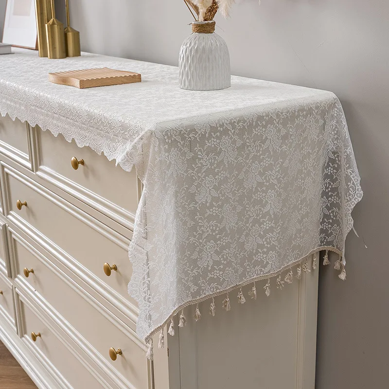 Modern White Lace Tassel Table Runner TV Cabinet Cover Sofa Scarf Dining Table Cloth Shoe Cabinet Decorative Dust Cover