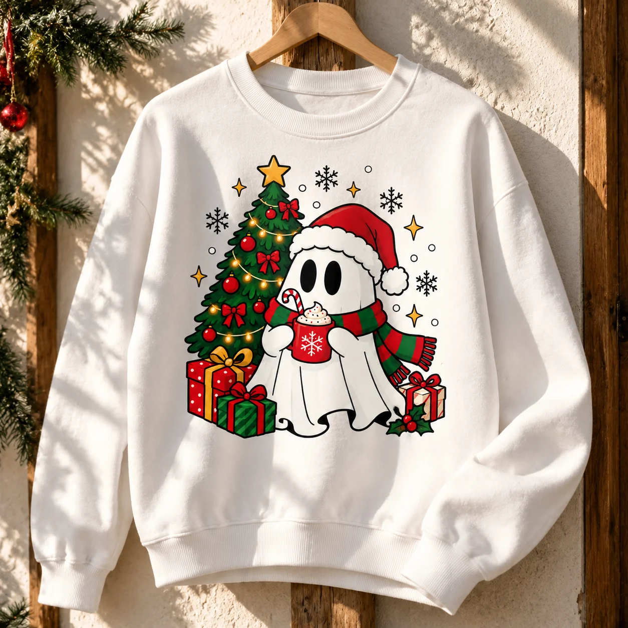 Ghost Christmas Sweatshirt, Halloween to Christmas Transition Pullover, Funny Santa Hat Graphic Top, Casual Winter Clothing