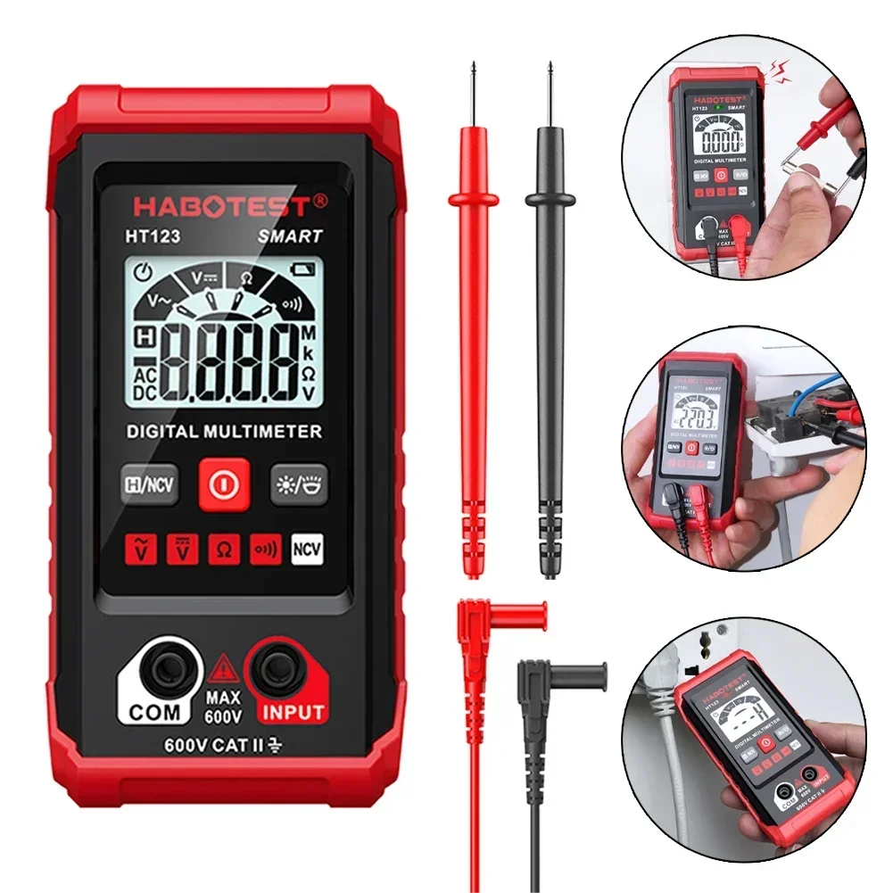 HT123 High Precision Digital Multimeter with NCV Detection and LED Flashlight Measures DC Voltage and Resistance Up to 600KΩ