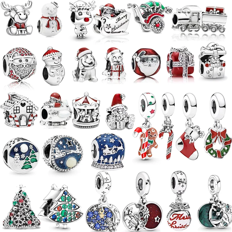 NEW Christmas Charm Santa Claus Reindeer Snowman Tree Beads Fit Original Pandora 925 Sterling Silver Bracelets DIY Women Jewelry