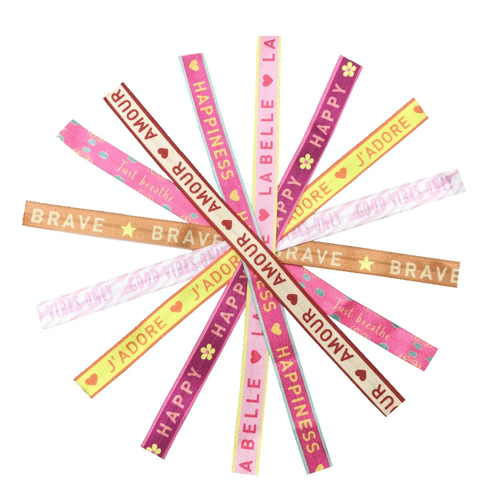 10Yard Letter HAPPINESS AMOUR Heart Print Fold Over Elastic 15MM FOE Ribbon For DIY Headwear Gift Webbing Accessories