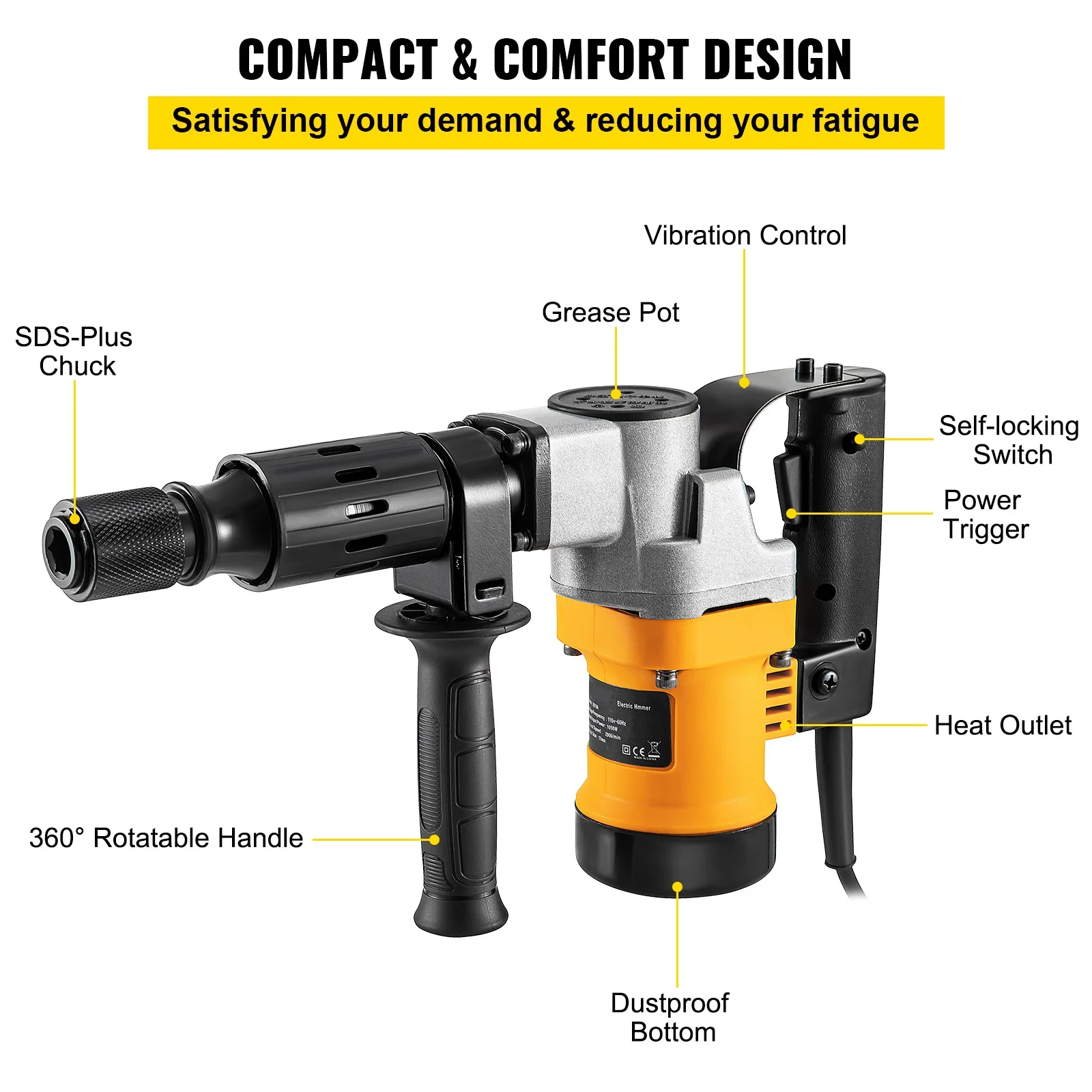 Demolition Hammer 1050W Jack Hammer Flat and Point Chisel  0.67\' 9.5 Amp Corded Concrete Breaker Accepts SDS-Plus Bits