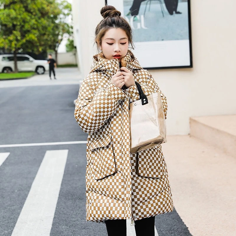 

Winter Coat for Petite Women Warm Fluffy Hooded Cotton Padded Jacket Loose Fitting Mid Length with Checkered Pattern