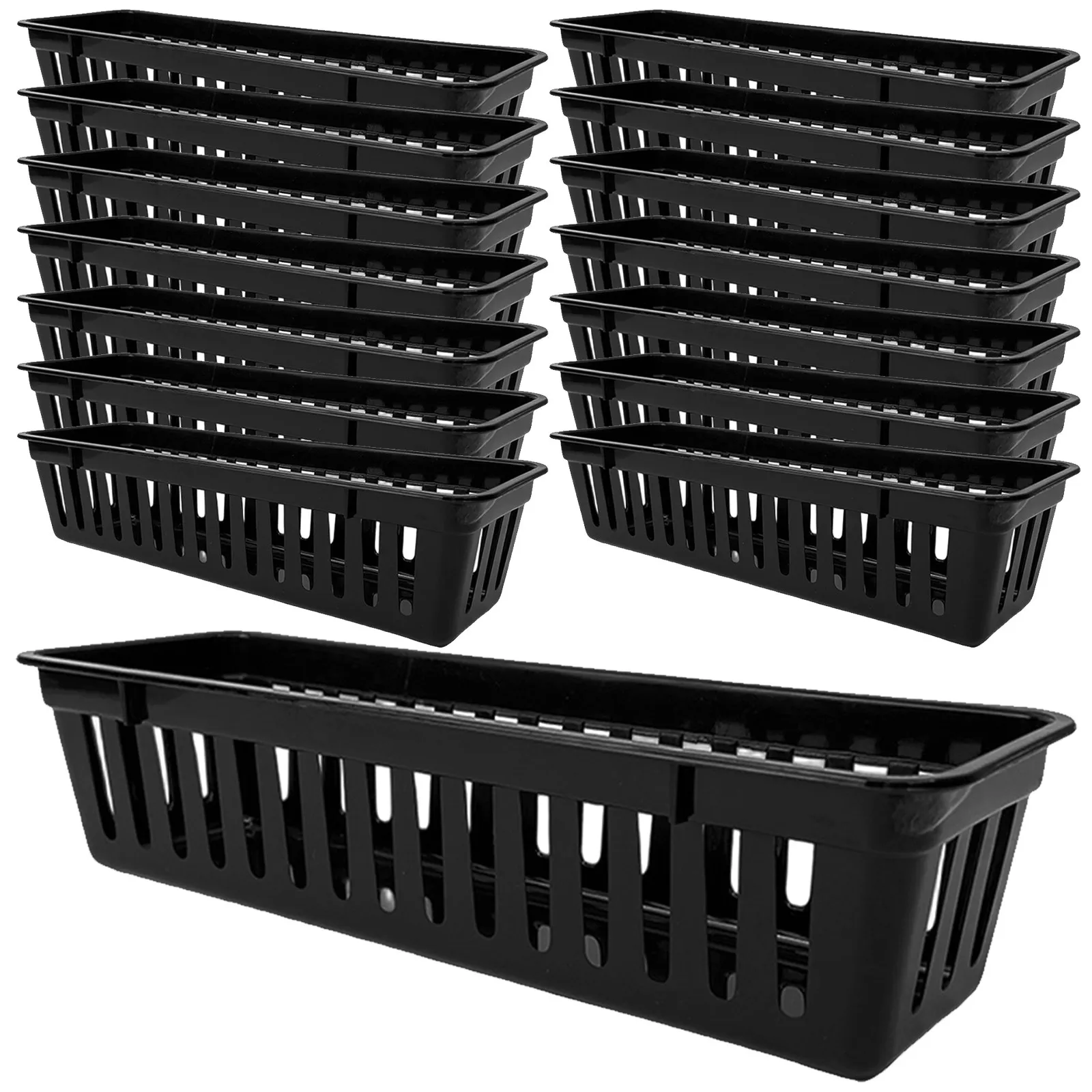 15Pcs Black Plastic Pencil Basket 10.2x3.1x2.4 Desk Organizer Tray Slim Storage Classroom Table Basket Desk Caddies Organizers