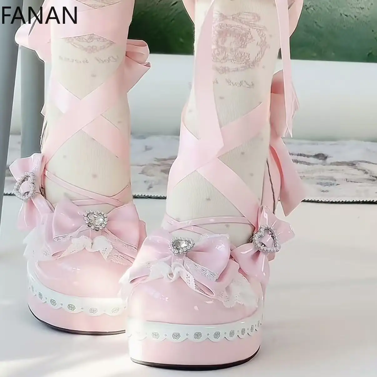

Japanese Pink Lolita High Heel Women's Shoes Bowknot Heart Heel Irregular shape 2025 Summer Sweet Cute Platform Pumps