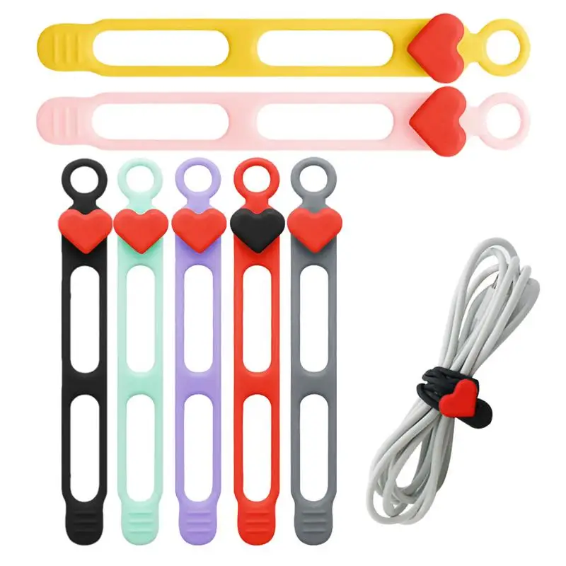 Silicone Cable Ties Heart Shape 7X Silicone Cable Management Organizer Cord Ties Cord Wrap Cable Ties Reusable Elastic Cord