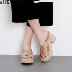 AIYKAZYSDL Cross Strap Open Toe Slippers Women Cane Hemp Straw Rope Weave Sandals Mules Slides Platform Chunky Heel Summer Shoes