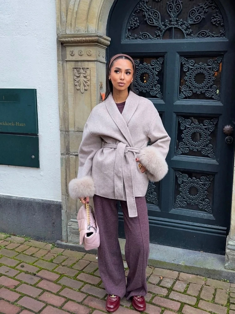 Dámské vintage kabáty s dlouhým rukávem a opaskem z tvídu, otevřené kabáty, 2025, dámské podzimní ležérní bundy pro ženy, klopy, plyšové kabáty z umělé kožešiny - náhled 5