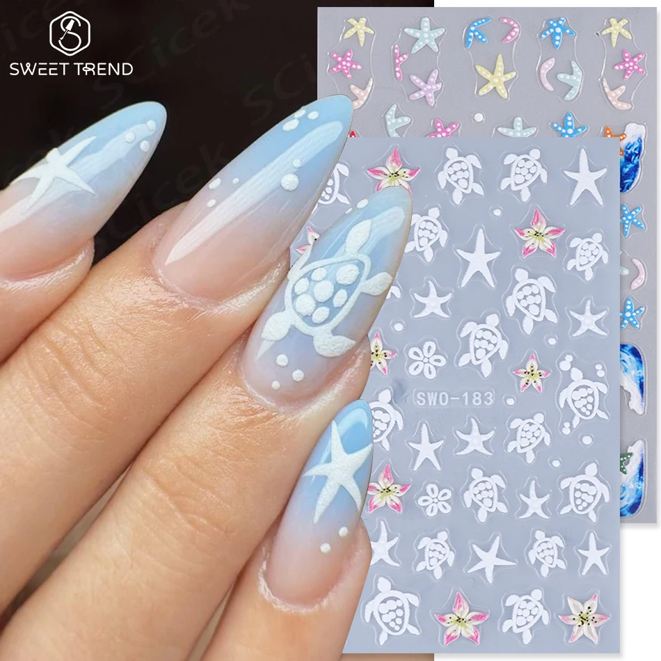 2pcs Ocean Nail Stickers  White Turtle Starfish Dot Lily Beach Design Adhesive Nail Decals DIY Summer Manicure Decoration Slider