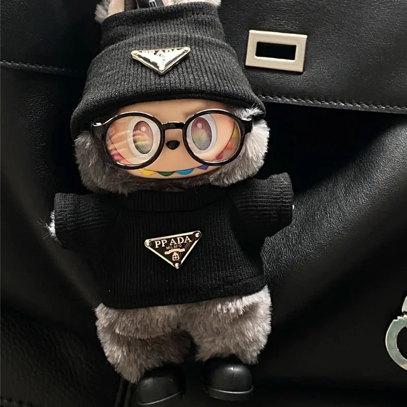 For Labubu15/ 17cm Doll Outfit Clothing Retro Inverted Triangel Sweater Clothes Necklace Headset Glasses Shoes Set Accessories