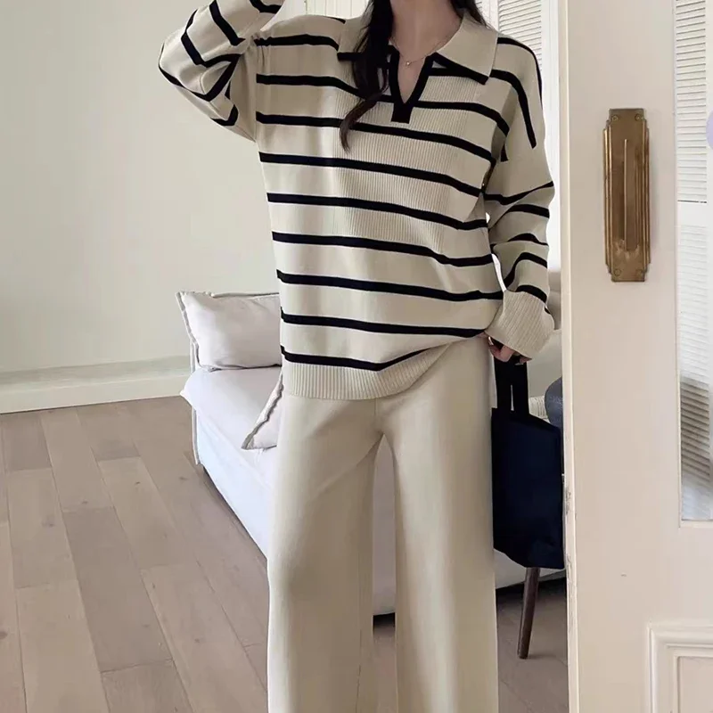 EVNISI Women Knitted Casual Set Striped V-neck Long Sleeve Pullover and High Waist Wide Leg Pants Two-piece Set Office Outfit