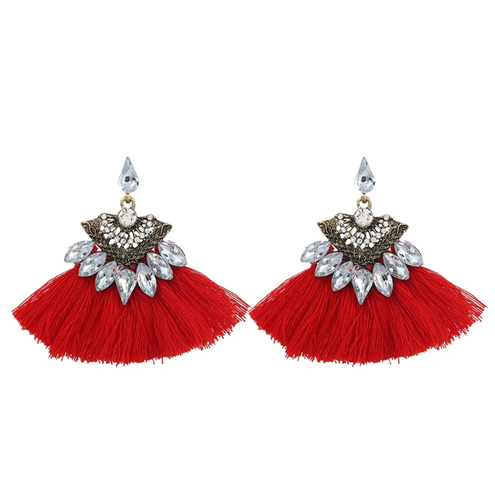 

Tassel Earrings Dangle Crystal Beaded Fringe Women Ethnic Fan Glass Studs Jewelry Bright Color Fashion