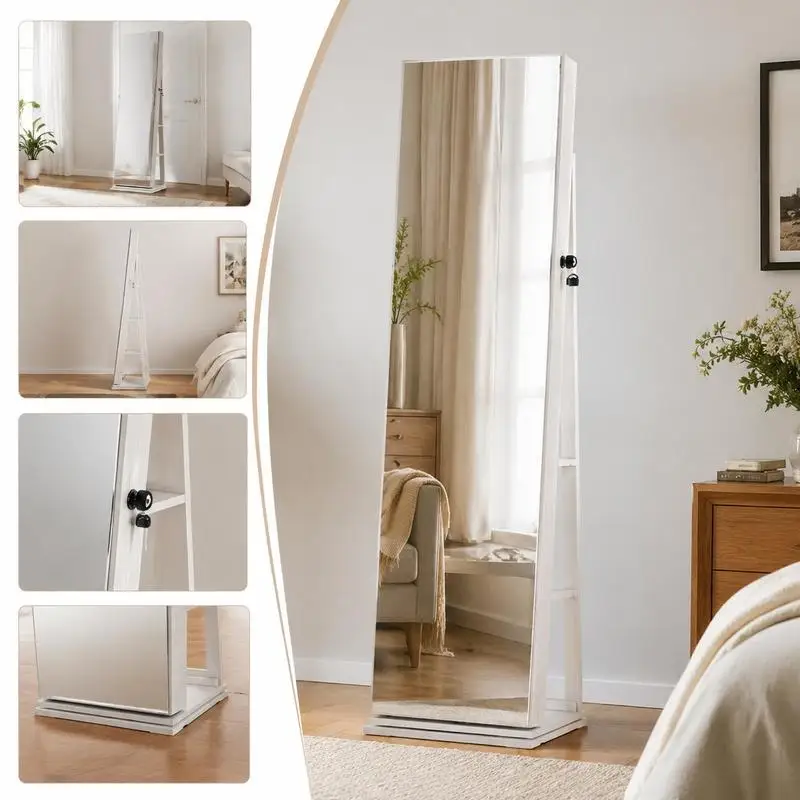 360 Degree Swivel Jewelry Cabinet with Full Length Mirror, LED Makeup Lights and Security Lock, Velvet Lined Multi-Tier Storage Shelves for Bedroom Vanity or Boutique Display, White