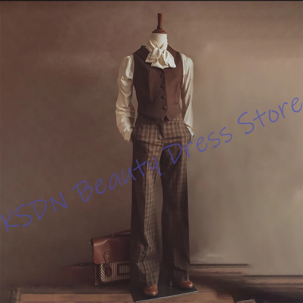 

Элегантная женская коричневая одежда, комплект из двух предметов в стиле ретро (однобортный жилет + клетчатые брюки), винтажный наряд для официальных вечеринок