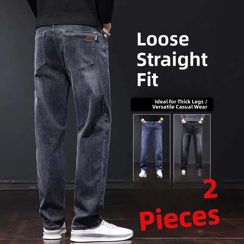 Loose Straight Leg Men's Jeans Comfortable Casual Fashionable Elastic Long Trousers for Men mid Waist Water Washed Denim Fabric