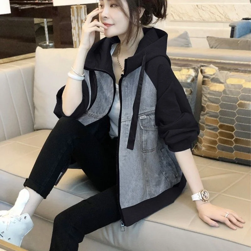 Fashion Denim Stitching Hoodie Women\'s Spring Autumn Loose Casual Outwear Vintage Long Sleeves Jeans Jacket Female