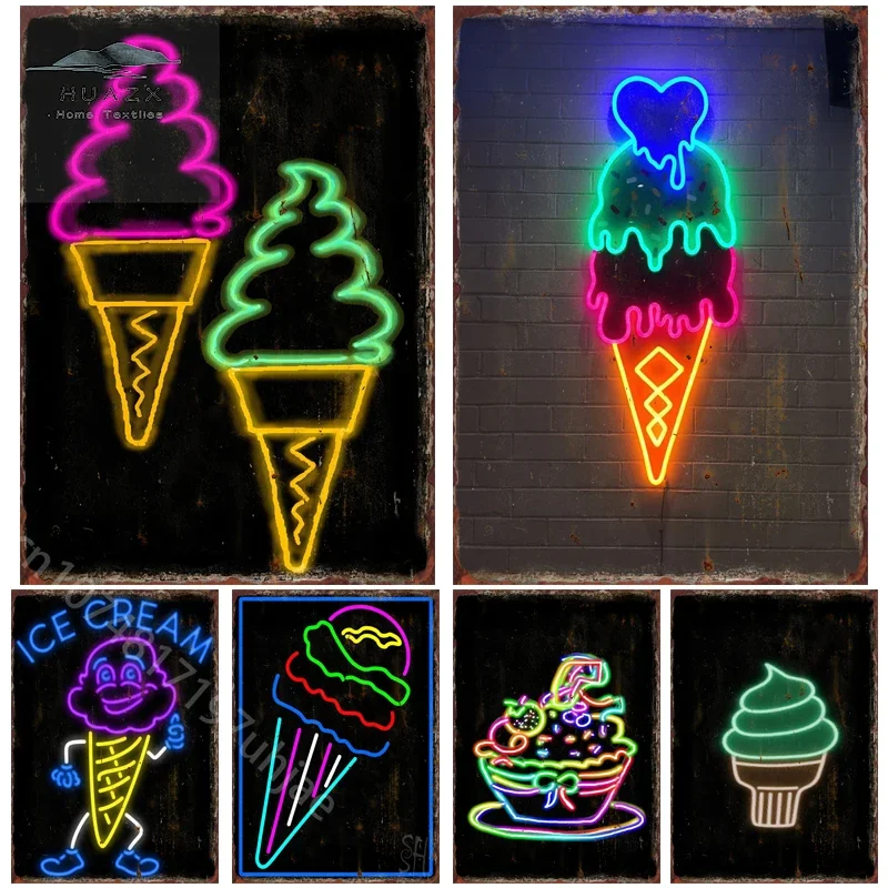 Neon Ice Cream Metal Tin Sign Restaurant Bar Coffee Shop Summer Time Wall Decor Painting Plaque Home Kitchen Decoration Posters