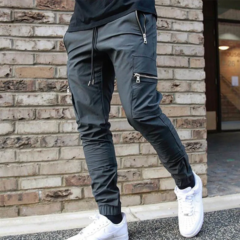 

Muscle Sports Men's Casual Big Pocket Zipper Pants Fitness Running Training Drawstring Cargo Pants