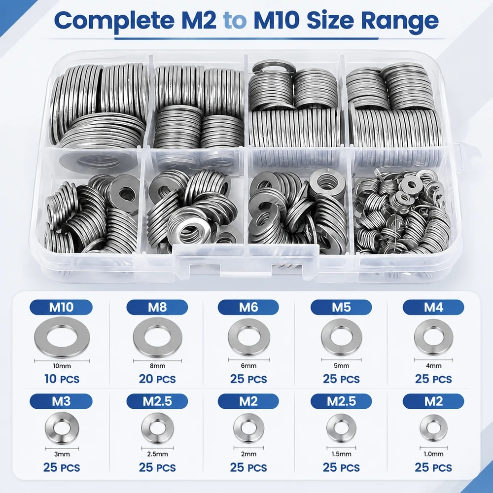 Durable 304 SS Flat Washer Set 180 Pcs M2-M10 Polished Finish High Strength Metal Parts for Workshop Organization