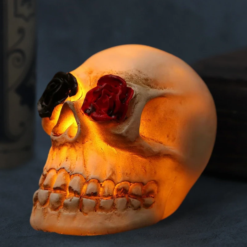 Halloween Decorative Skull Headlamp L-37 Mouth with Flower with Button Battery Figurines Miniatures