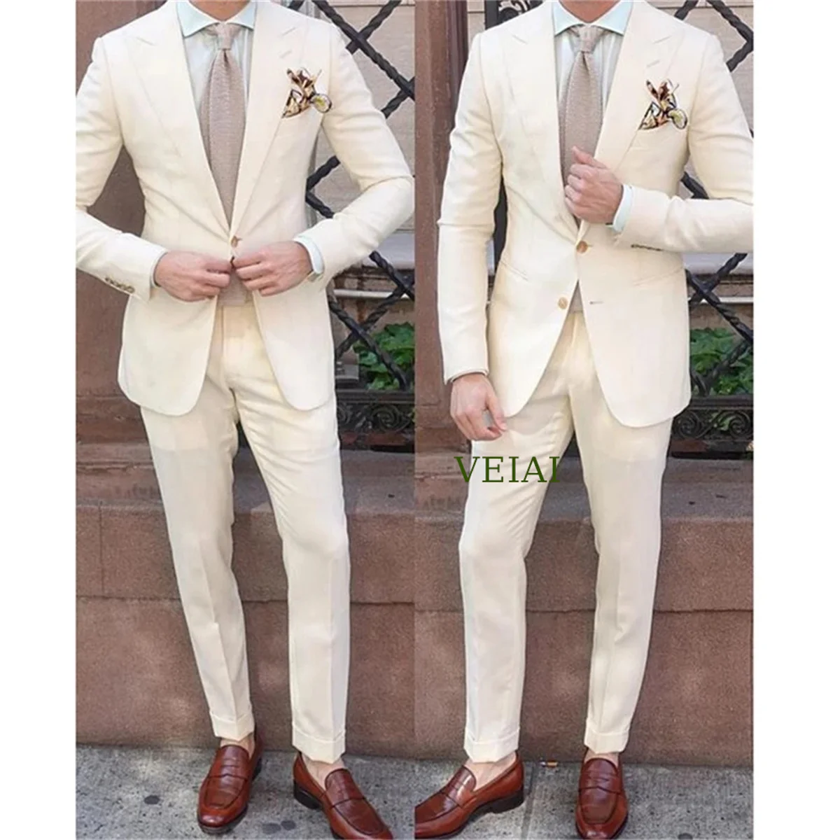 Tailor Made 2 Pieces Ivory Men Suit Slim Fit Groom Tuxedos Wedding Business One Button Blazer Jacket Pants Terno Masculino