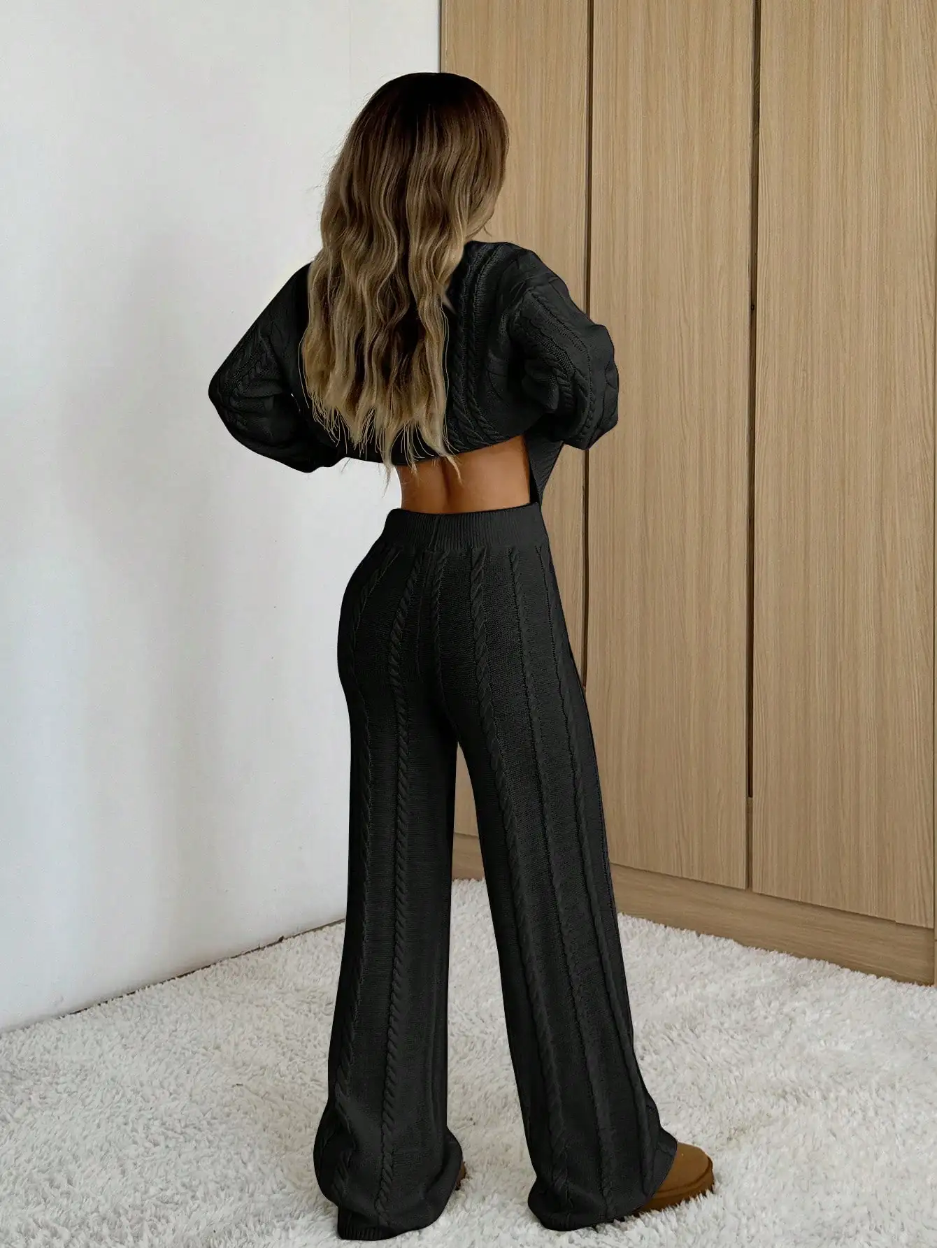 Cozy Chic Lounge Set Cable Knit Sweater And Wide-Leg Pants 2-Piece Outfit Urban Minimalist Aesthetic Long Sleeve Pullover And Matching Bottoms Warm Warm Taupe Khaki Solid Hue Twisted Braided Texture Ribbed Trims Relaxed Fit For Home Chill New Year Gift