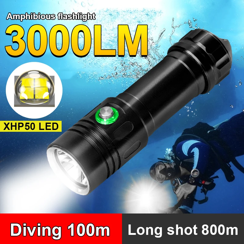 3000LM Powerful LED Diving Flashlight Super Bright XHP50 Professional Underwater Torch IPX8 Waterproof Lamp Use 18650 Battery