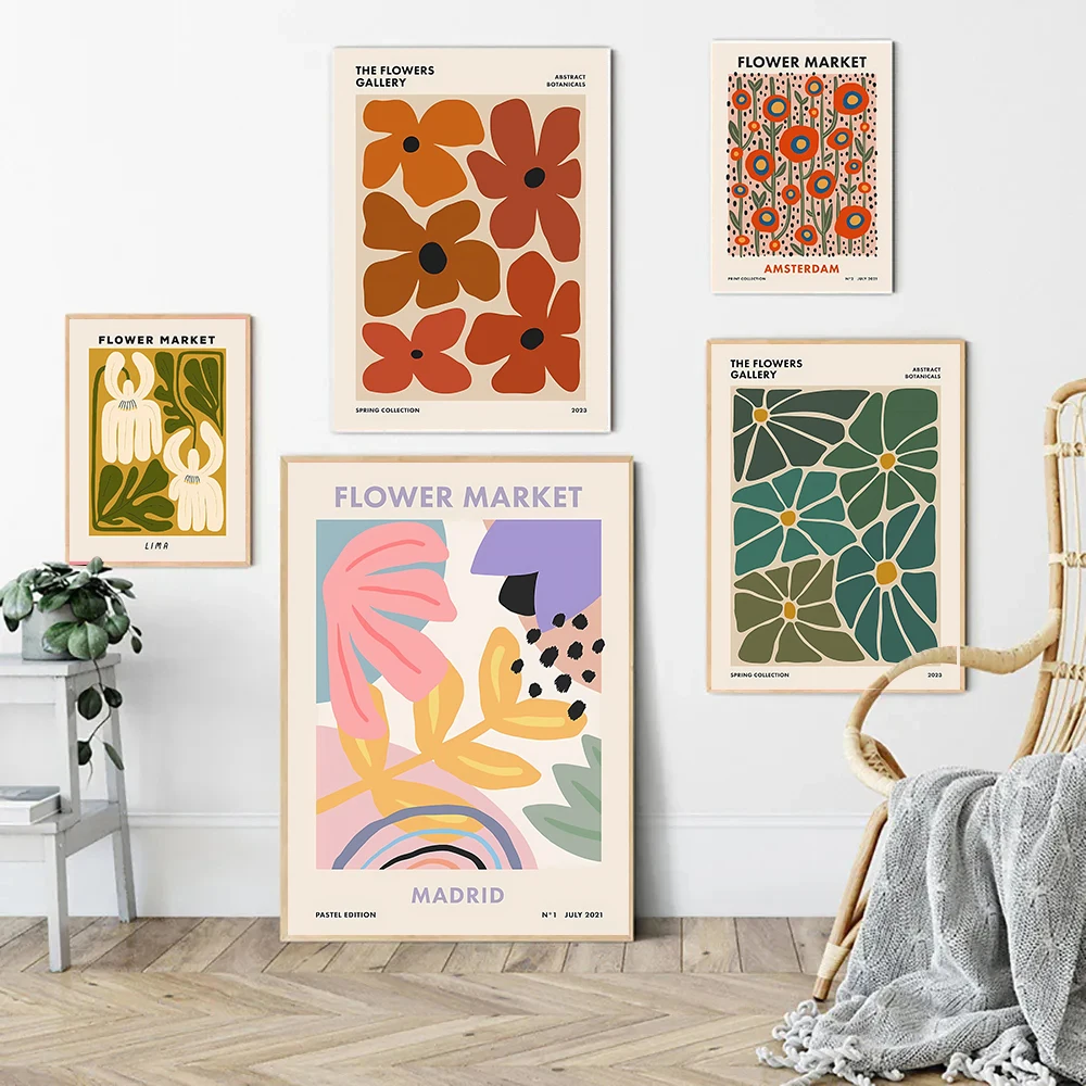 Colorful Retro Flower Market Amsterdam Abstract Poster Boho Flower Shop Sign Prints Canvas Painting Wall Picture Home Room Decor