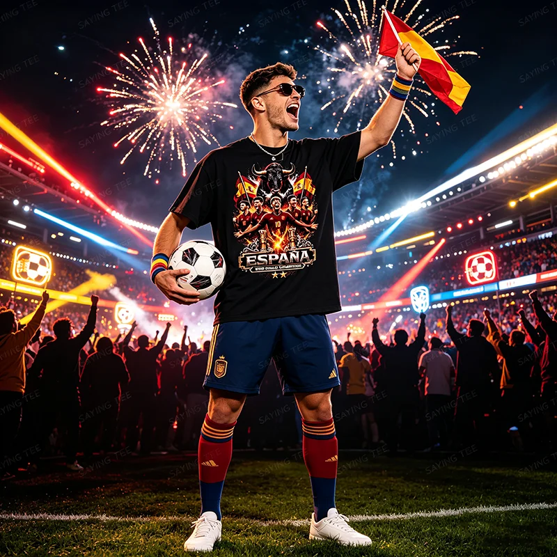 Herren- und Damen-T-Shirt mit Distressed-Optik und Spanien 2026 Fußball-Meisterschaftsflagge - Grafik-T-Shirt Spanien Weltmeister als Geschenk – Detail 6