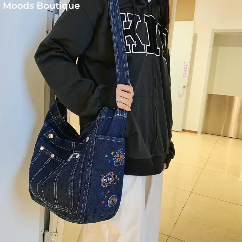 Sprane dżinsowe torby na ramię dla kobiet Niebieska torba na ramię Jean Star Embroidery Multi-pocket Duża pojemność Shopper Messenger Y2K Bag